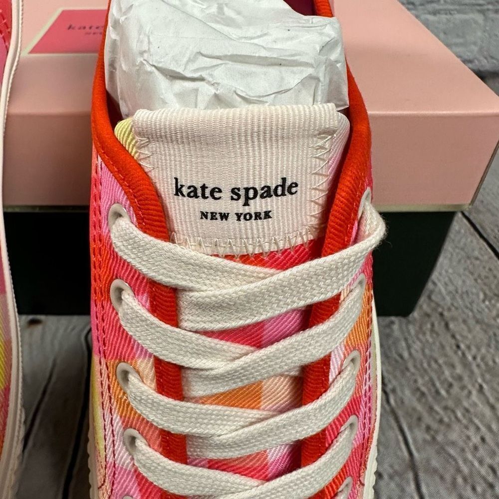 Kate Spade Tennison Pink Madras Plaid Fashion Sneakers Shoes Lace-Up NEW - Picture 4 of 6